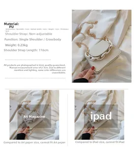 Size comparison of a white mini PU leather chain bag against iPad and A4 paper
