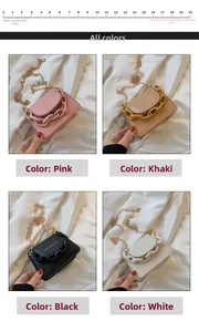 Detailed comparison of mini PU leather chain bags in pink, khaki, black and white colors