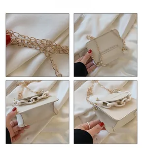 Detail views of small white flap bag with gold chain and acrylic handle details