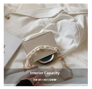 Detail view of mini cream crossbody bag internal capacity with dual chain straps