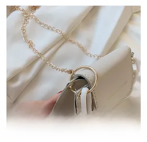 Detail of mini crossbody bag showing gold chain strap and large metal ring hardware
