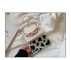 Detailed comparison of a beige mini flap bag with chunky chain handle and gold strap