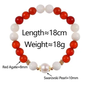 Elegant retro style red agate beaded bracelet with central pearl and golden accents