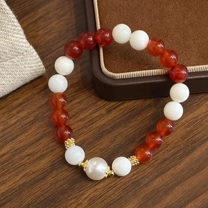 Women Beaded Bracelet Red Agate White Jade Artificial Baroque Pearl 14k Gold Plated Retro Chinese Style Vintage Elegant Jewelry