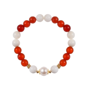 Elegant beaded bracelet with red agate, white jade, and pearl on white background