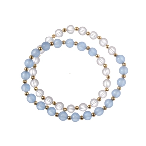 Elegant double-layer beaded bracelet with light blue frosted beads and golden accents