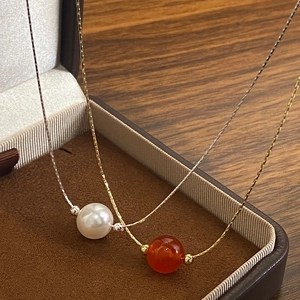 Collier Chaîne Serpent Minimaliste Avec Künstliche Perle En Agate Rouge Et Fausse Künstliche Perle Bijoux Élégants Pour Femmes En Cuivre