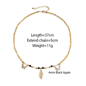 Bohemian beaded necklace with butterfly and leaf pendants, 37cm plus 5cm extension
