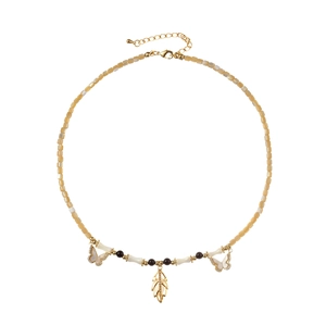 Beaded necklace with cream square stones, butterfly and leaf pendants in gold finish