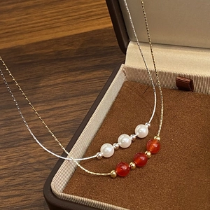 Red Agate Artificial Pearl Pendant Necklace Real Gold Plated Copper Clavicle Chain For Women Elegant Simple Jewelry