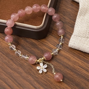 Elegant Chinese style bracelet with pink strawberry quartz and clear crystal beads
