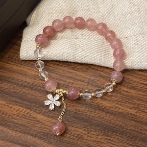 Beaded Bracelet Strawberry Quartz Clear Quartz Brass Flower Pendant Zircon Handmade Jewelry For Women