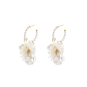 French vintage pearl petal tassel earrings with white gold finish and layered floral design