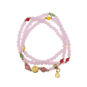 Elegant natural crystal beaded bracelet with pink quartz stones and golden coin charm