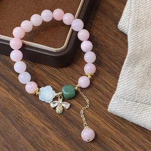 Camellia Flower Bee Charm Bracelet Pink Natural Stone Strawberry Crystal Beads Elegant Handmade Jewelry Women