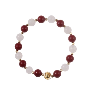 Handmade beaded bracelet with red pearls, white natural stones and gold plated accents