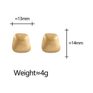 Detail view of gold geometric trapezoid stud earrings showing 13mm by 14mm dimensions