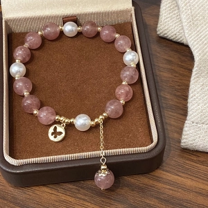 Bracciale Di Perline In Pietra Naturale Quarzo Fragola Perla Artificial Con Ciondolo A Farfalla Gioielli Retrò Placcati Oro Donna
