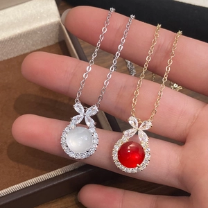 Schleife Katzenauge Stein Anhänger Halskette Kupfer Vergoldet Rund Strass Halo Eleganter Schmuck Für Frauen Mädchen