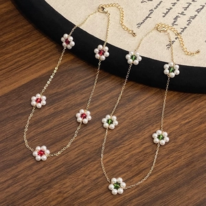 Flower Pendant Necklace Copper Gold Plated Faux Artificial Pearl Daisy Beaded Adjustable Elegant Jewelry For Women