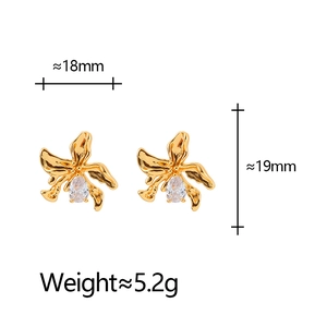Vintage flower zircon stud earrings in bright gold finish, 18x19mm elegant floral jewelry