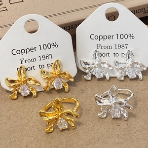 Orchid Flower Earrings And Ring Copper Gold Silver Plated Zircon Irregular Geometric Niche Design Jewelry For Women