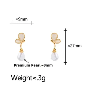 Detailed size specifications for gold butterfly pearl earrings with 8mm lustrous pearl