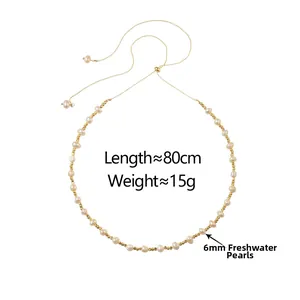 Detail of adjustable gold pearl necklace with 6mm pearls and pull-cord mechanism