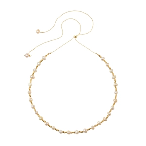 Elegant pearl and gold bead choker necklace with adjustable drawstring closure detail