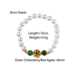 Lustrous 8mm pearl bracelet with green chalcedony and gold flower charm with red agate