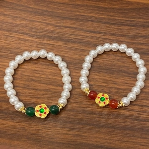Beaded Bracelet Copper With Artificial Pearl Green Chalcedony Red Agate Flower Pendant 14k Gold Plated Chinese Style Women Jewelry