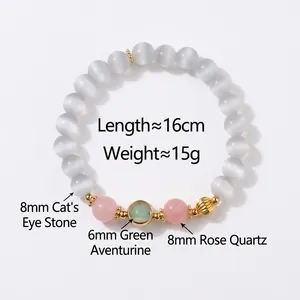 Handmade beaded bracelet with 8mm cat eye stone, rose quartz, and green aventurine beads