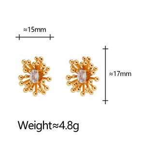 Detailed view of gold fireworks stud earrings with zircon inlay showing 15mm by 17mm size