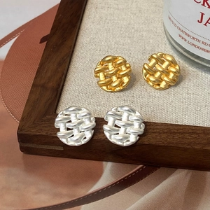 Round Stud Earrings Copper Gold Silver Plated Retro Geometric Basket Weave Texture Matte Hollow Design For Women