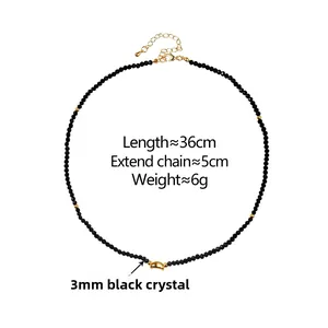 Detail of beaded black crystal necklace with gold crescent clasp and 36cm length specs