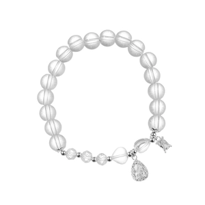 Clear crystal beaded bracelet with zircon water drop charms on a white background