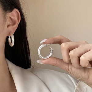 Frosted texture silver hoop earrings with geometric circle design and sparkling finish