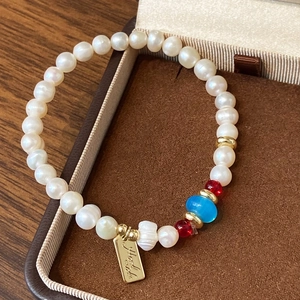 Vintage Chinese Style Freshwater Pearl Bracelet 14K Gold Plated Copper With Blue Red Glass Beads For Women Handmade