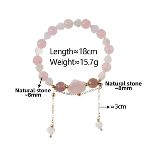 Detail view of pink strawberry crystal beaded bracelet with size and weight dimensions