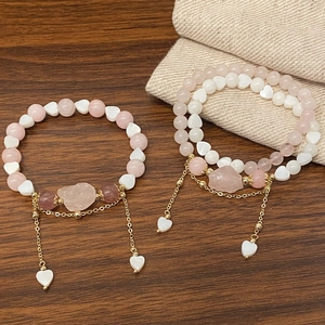 Pink Natural Strawberry Quartz Beaded Bracelet White Heart Shell Beads Irregular Raw Stone Gold Tassel Heart Pendant