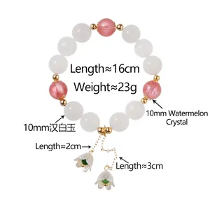 Bracelet en perles de pierre naturelle avec pendentifs lys blancs et cristal rose