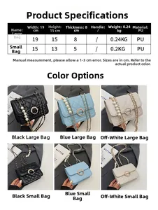 Detailed size chart and multi-color options for quilted chain bags with pearl accents