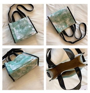 Detailed views of tie-dye canvas tote bag showing interior lining and black straps