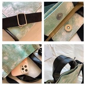 Detail shots of green tie-dye canvas tote bag showing magnetic buckle and adjustable strap