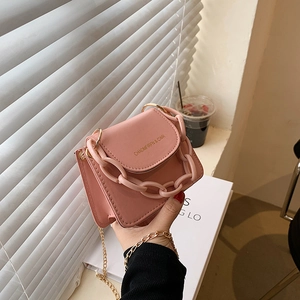 Women Trendy Candy Color Mini Square Flap Bag PU Leather Crossbody Bag With Decorative Thick Resin Chain And Metal Strap