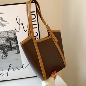 Women Large Capacity PU Leather Tote Bag And Matching Pouch Contrast Color Trim Adjustable Strap Casual Fashion Shoulder Bag