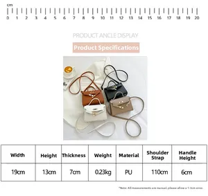 Detailed dimension chart showing mini PU leather handbag measurements and detachable strap