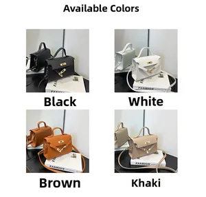 Mini handbag display showing black, white, brown and khaki lychee grain leather textures