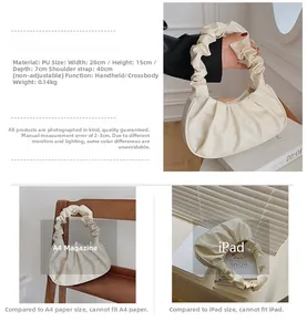 Detailed size specifications of cream pleated PU handbag showing 28x15x7cm dimensions