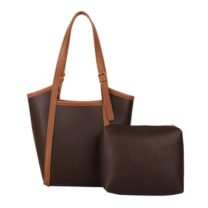 Large dark brown tote bag with matching pouch and light brown adjustable straps